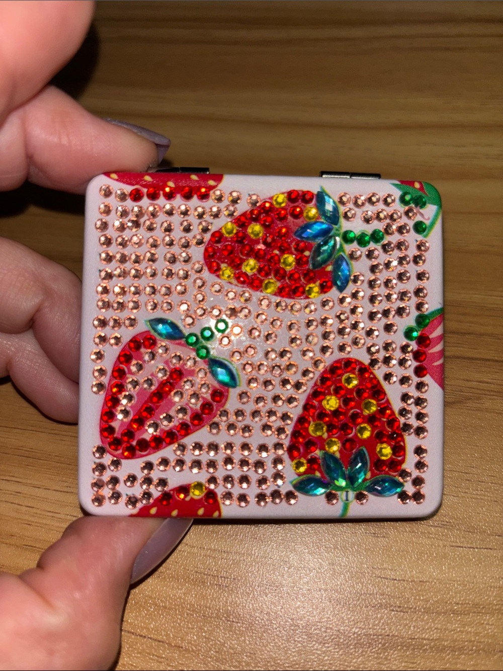 Pink Strawberry Diamond Art Rhinestone Compact Mirror - Picture 4 of 7